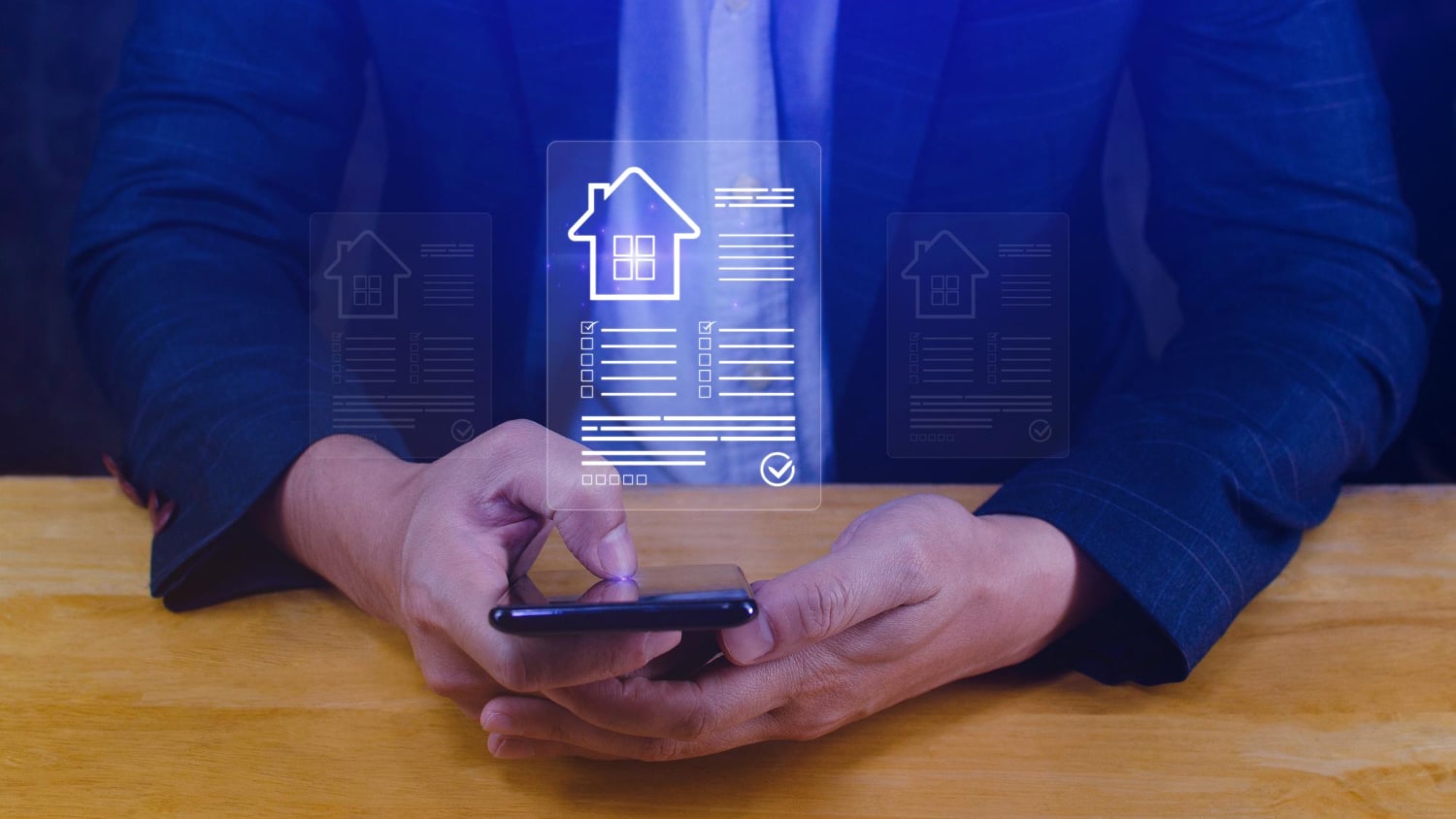 A person in a suit uses a smartphone with floating digital icons showing house documents, representing a chatbot for real estate assistance.