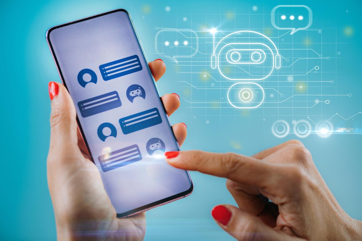 User interacting with an artificial intelligence chat bot on a smartphone, showing automated chat messages and AI icons.