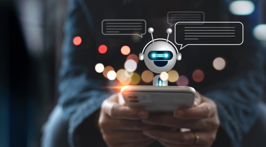 Custom AI chatbot displayed above a smartphone with chat bubbles, representing automated customer communication and AI-powered support.